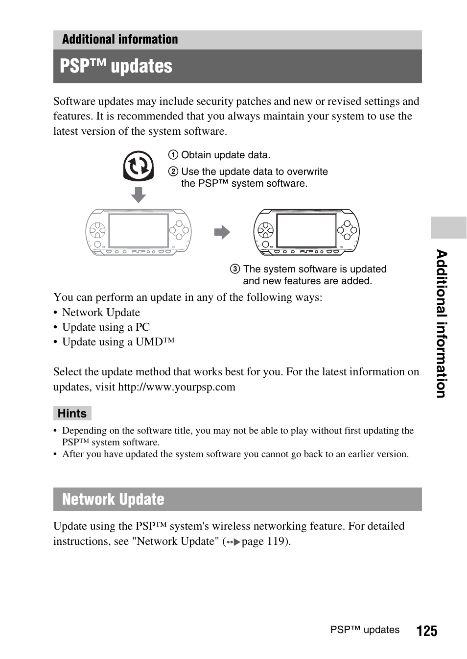 Additional information, Psp updates, Psp™ updates | Network update, 125 ad ditional inf o rmation | Sony PSP-1003 User Manual | Page 125 / 148