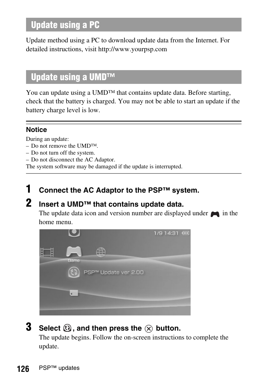 Update using a pc update using a umd | Sony PSP-1003 User Manual | Page 126 / 148