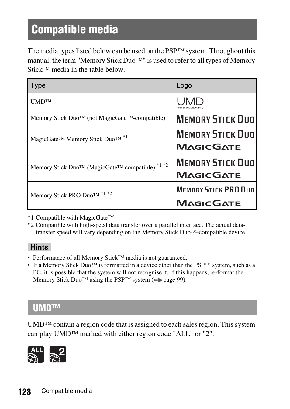 Compatible media | Sony PSP-1003 User Manual | Page 128 / 148