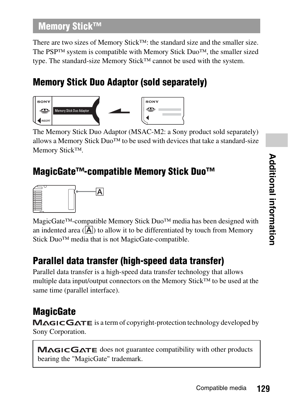 Parallel data transfer (high-speed data transfer), Magicgate | Sony PSP-1003 User Manual | Page 129 / 148