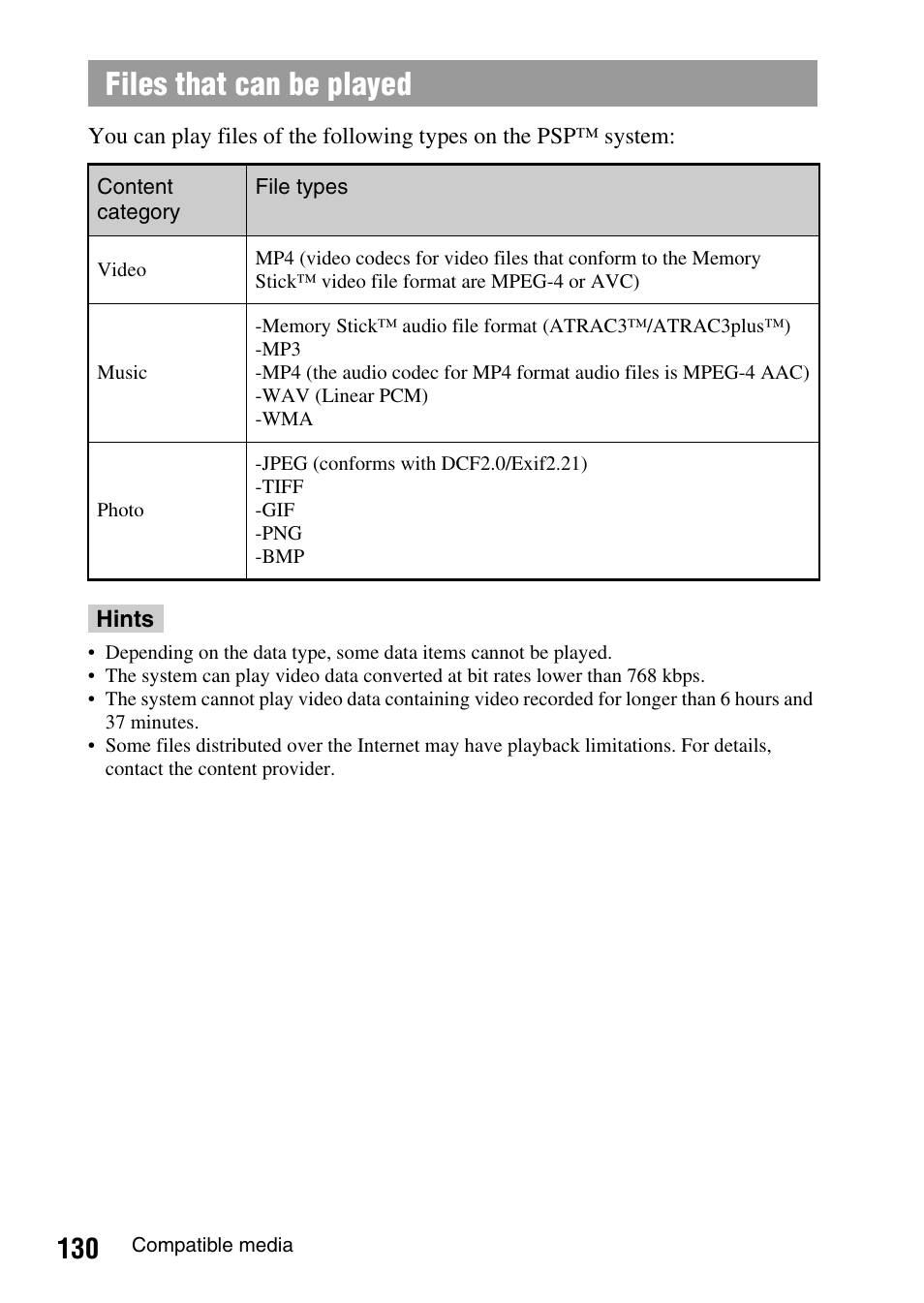 Em, see "files that can be, Played, E psp™ system, see "files that can be | Files that can be played | Sony PSP-1003 User Manual | Page 130 / 148