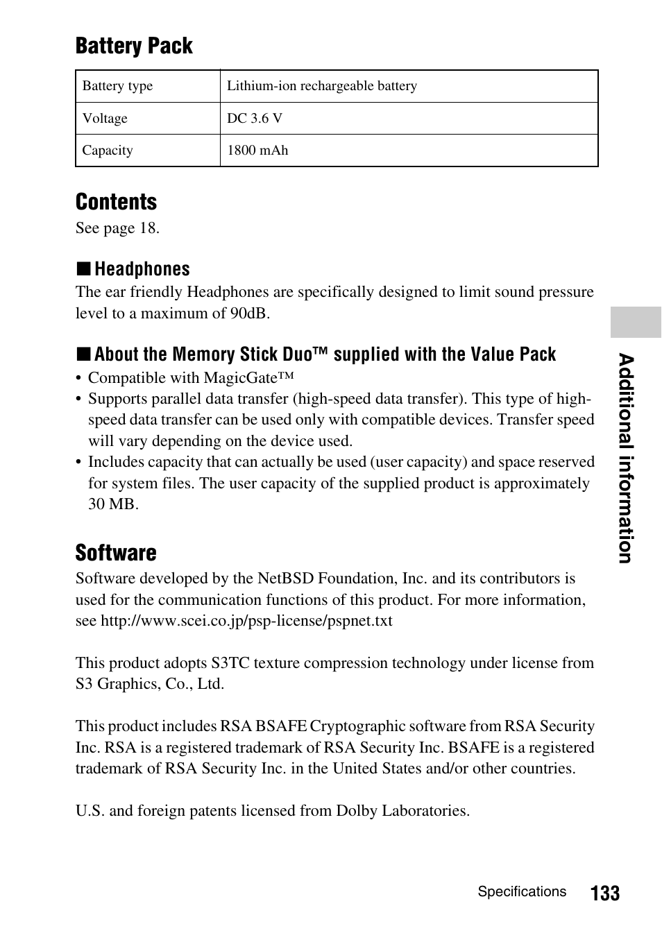 Battery pack contents, Software, 133 ad ditional inf o rmation | Sony PSP-1003 User Manual | Page 133 / 148