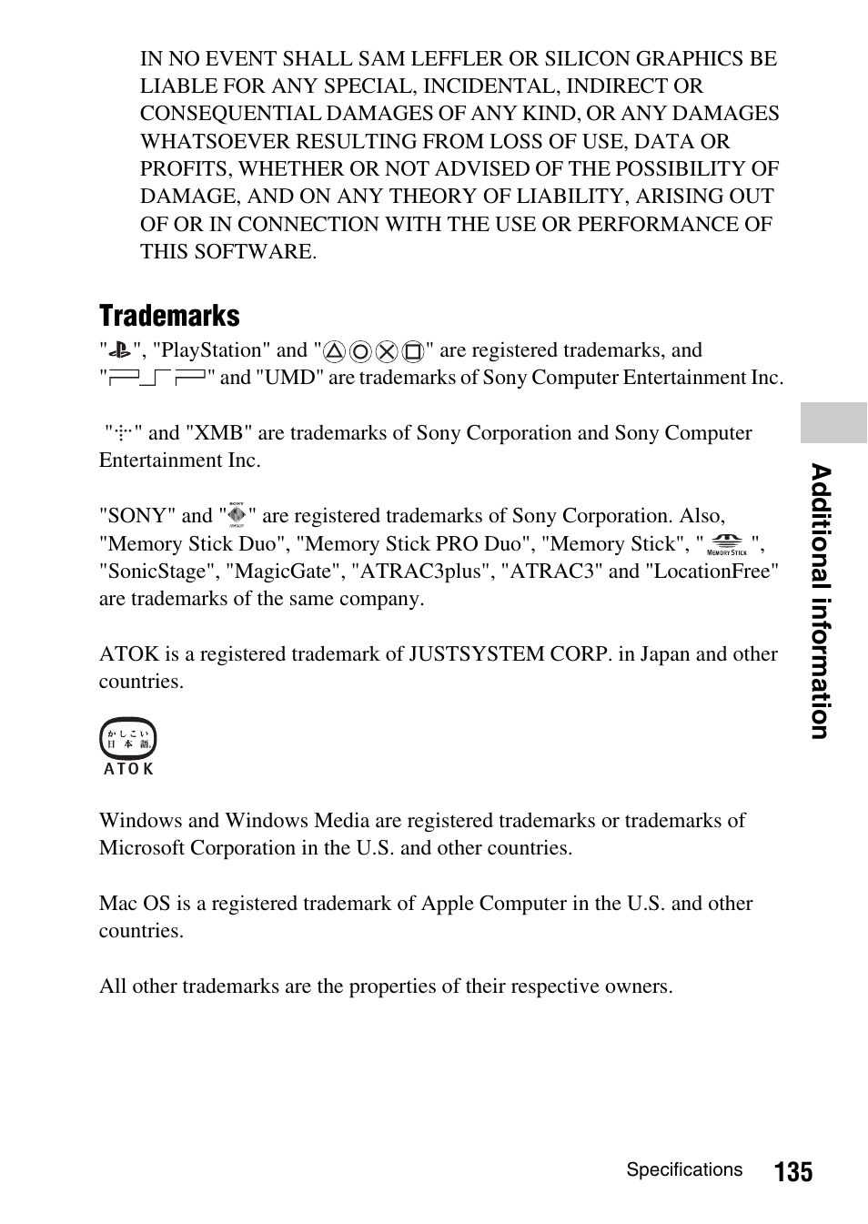 Trademarks, 135 ad ditional inf o rmation | Sony PSP-1003 User Manual | Page 135 / 148