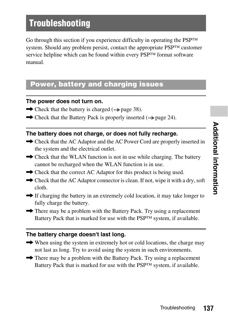 Troubleshooting, 137 ad ditional inf o rmation, Power, battery and charging issues | Sony PSP-1003 User Manual | Page 137 / 148