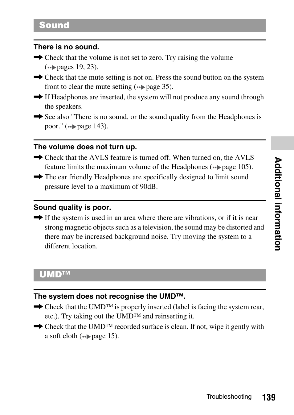 139 ad ditional inf o rmation, Sound umd | Sony PSP-1003 User Manual | Page 139 / 148