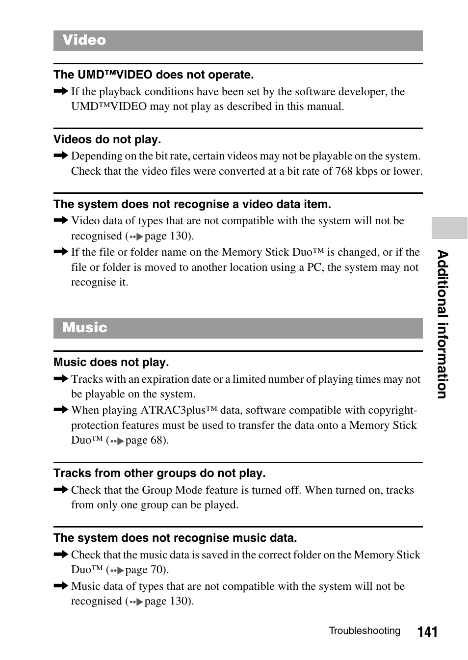 141 ad ditional inf o rmation, Video music | Sony PSP-1003 User Manual | Page 141 / 148