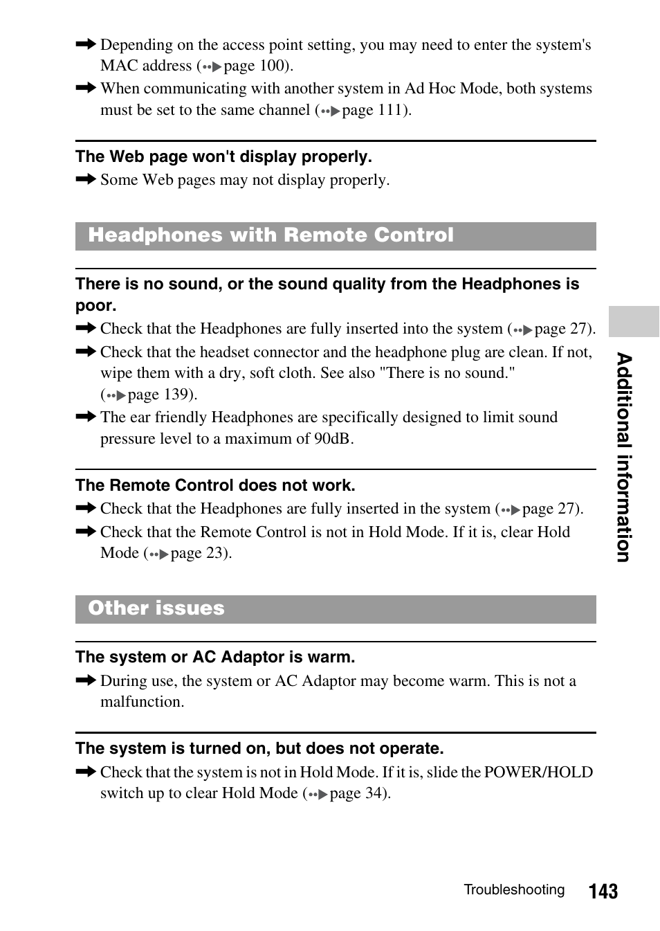 Poor, 143 ad ditional inf o rmation, Headphones with remote control other issues | Sony PSP-1003 User Manual | Page 143 / 148