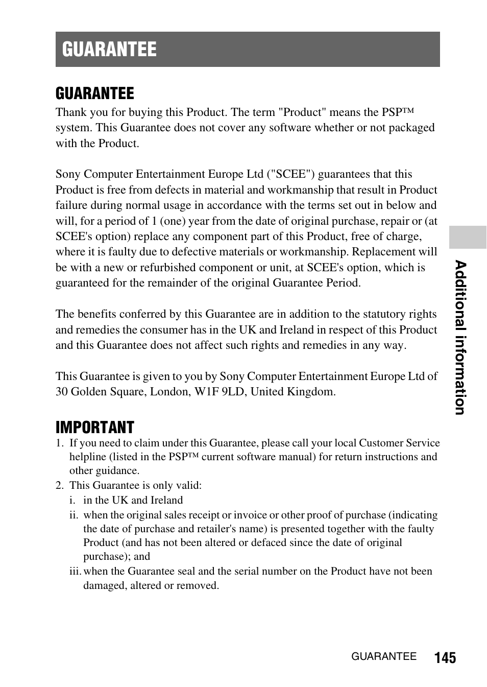 Guarantee, Important | Sony PSP-1003 User Manual | Page 145 / 148