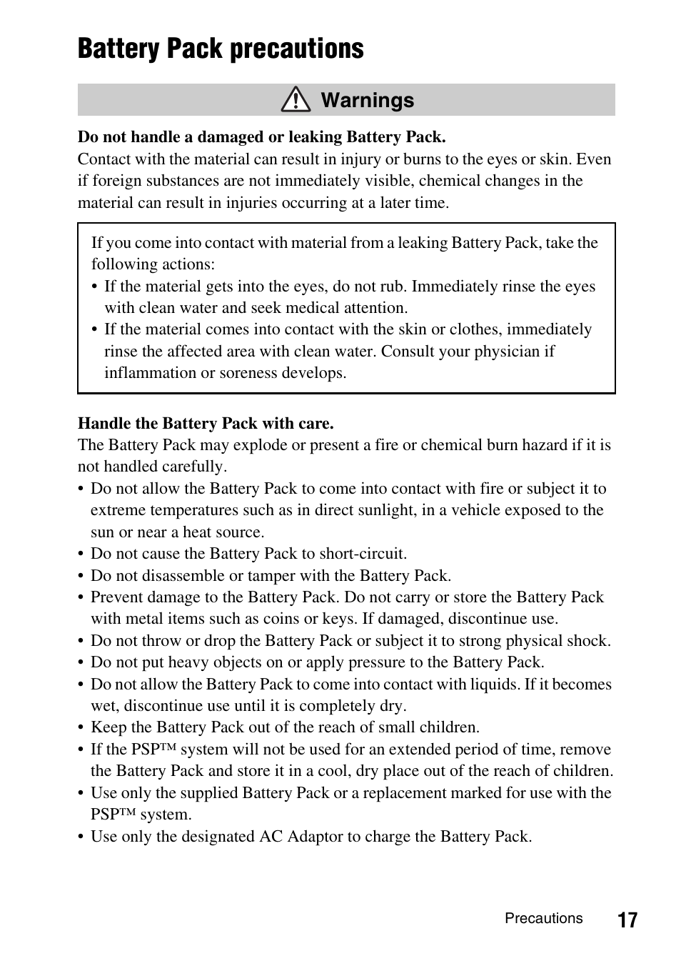 Battery pack precautions, Warnings | Sony PSP-1003 User Manual | Page 17 / 148