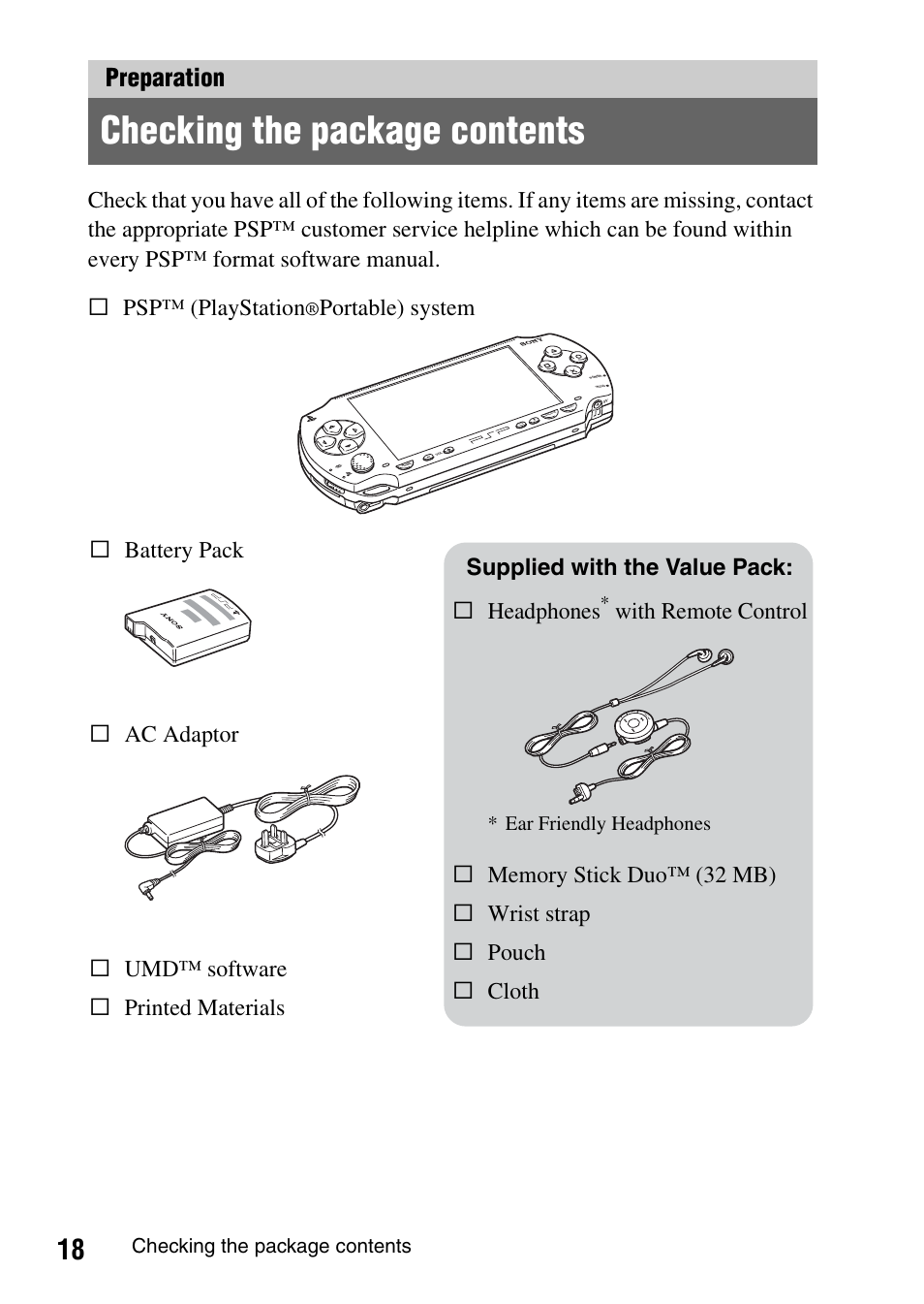 Preparation, Checking the package contents, S battery pack s psp™ (playstation | Portable) system s ac adaptor s headphones, With remote control | Sony PSP-1003 User Manual | Page 18 / 148