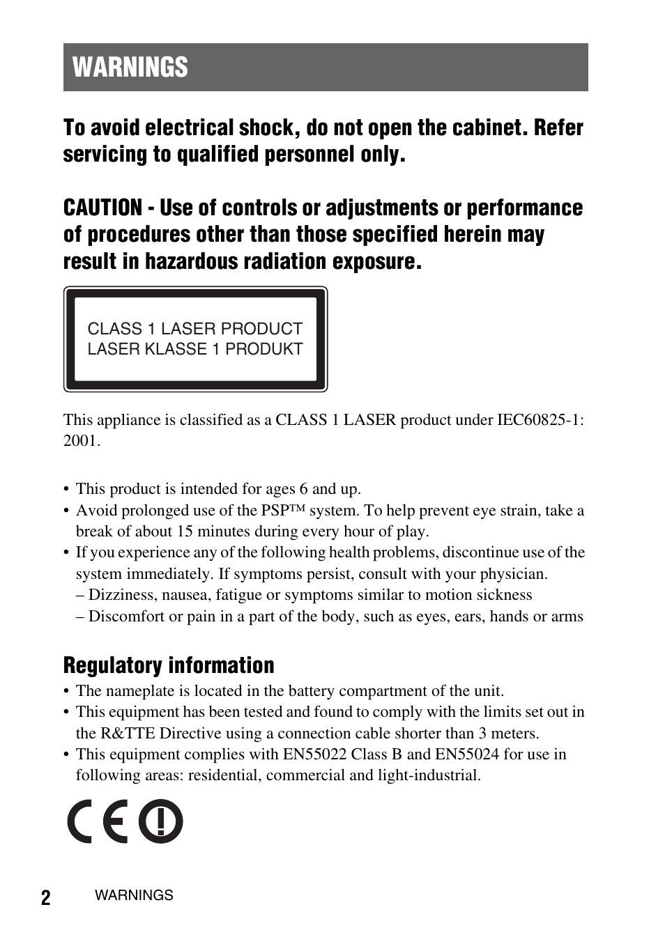 Warnings, Regulatory information | Sony PSP-1003 User Manual | Page 2 / 148