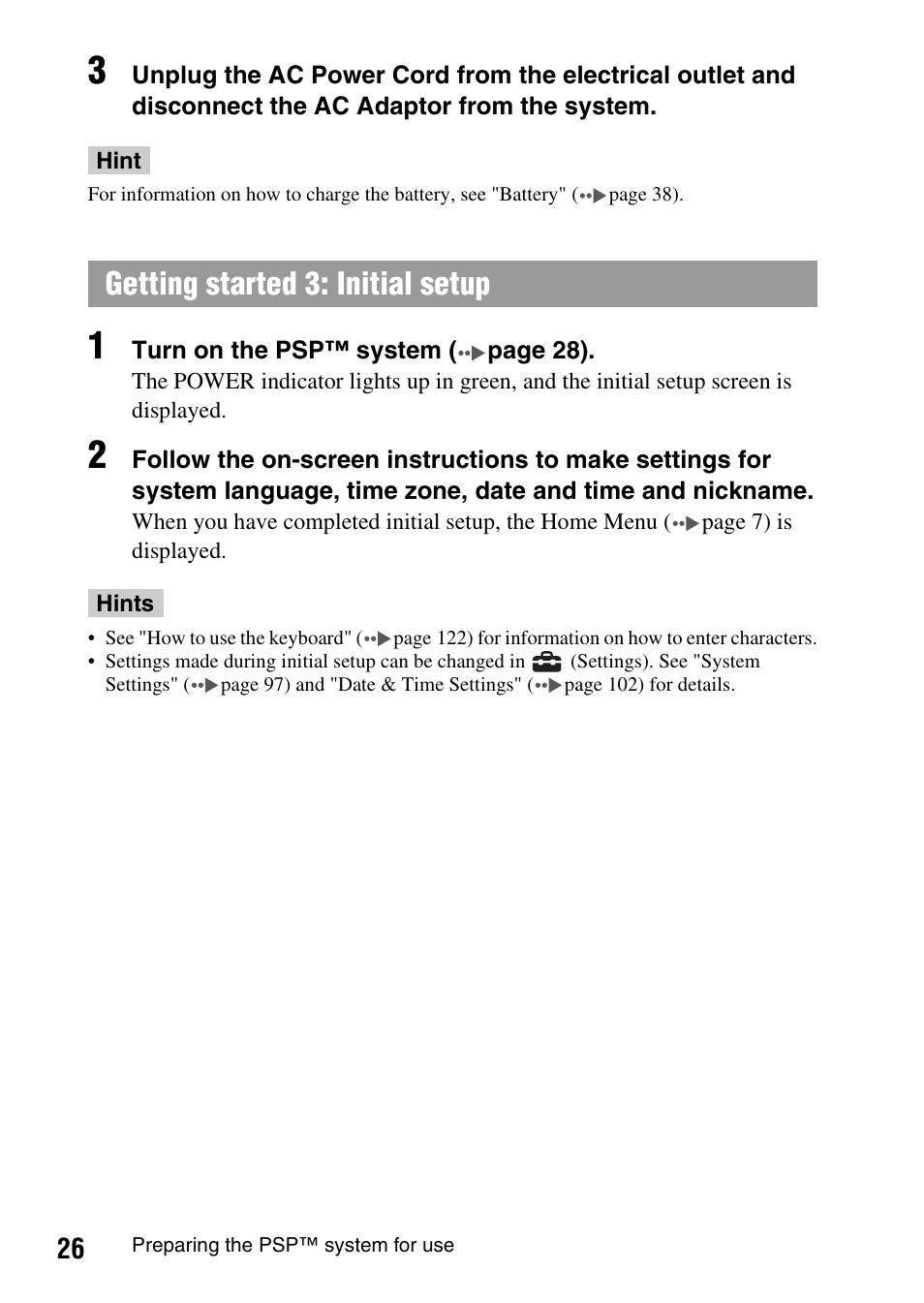 Getting started 3: initial setup | Sony PSP-1003 User Manual | Page 26 / 148