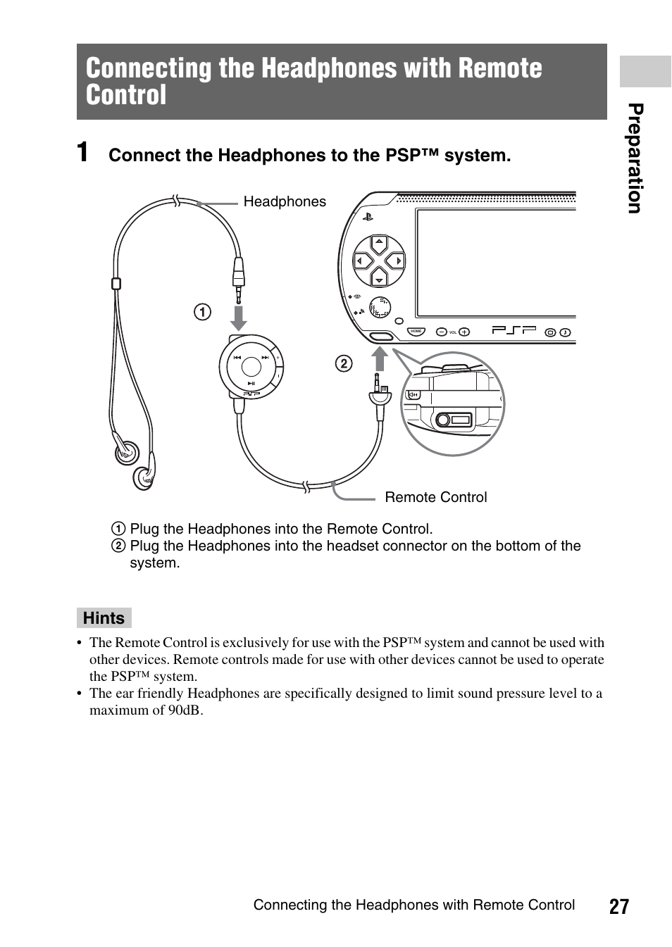 Connecting the headphones with remote control, 27 prepara tion | Sony PSP-1003 User Manual | Page 27 / 148
