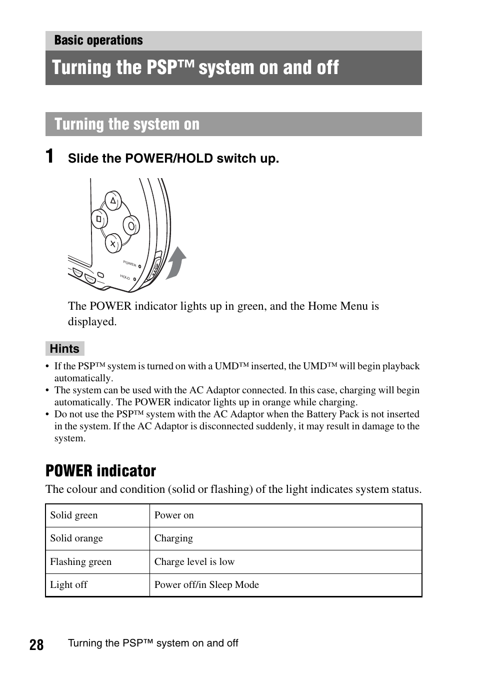 Basic operations, Turning the psp system on and off, Turning the psp™ system on and off | Power indicator, Turning the system on, Slide the power/hold switch up | Sony PSP-1003 User Manual | Page 28 / 148