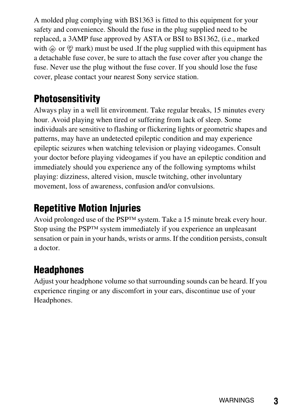 Photosensitivity, Repetitive motion injuries, Headphones | Sony PSP-1003 User Manual | Page 3 / 148