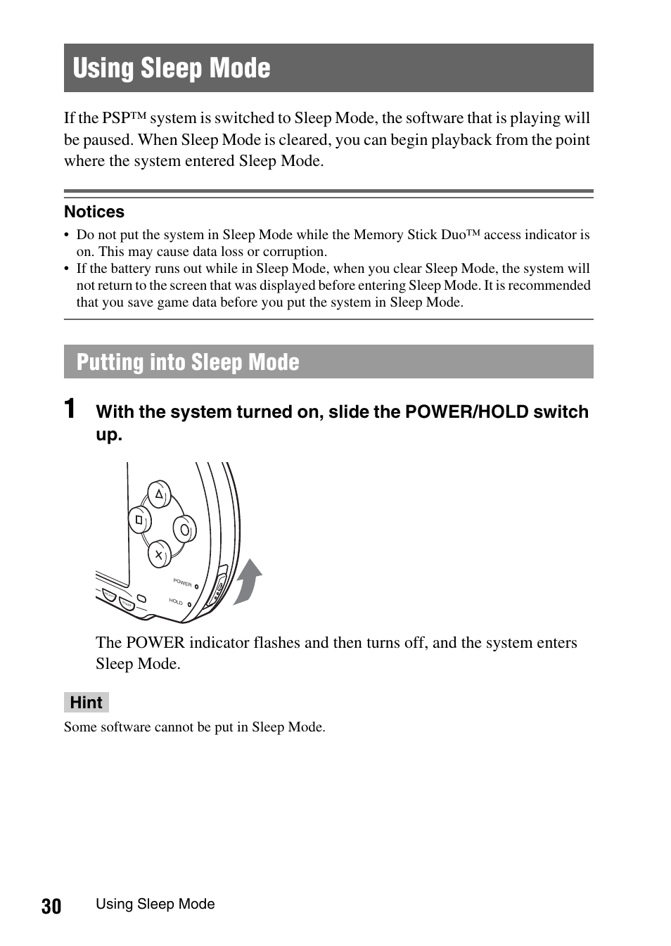 Using sleep mode, Putting into sleep mode | Sony PSP-1003 User Manual | Page 30 / 148