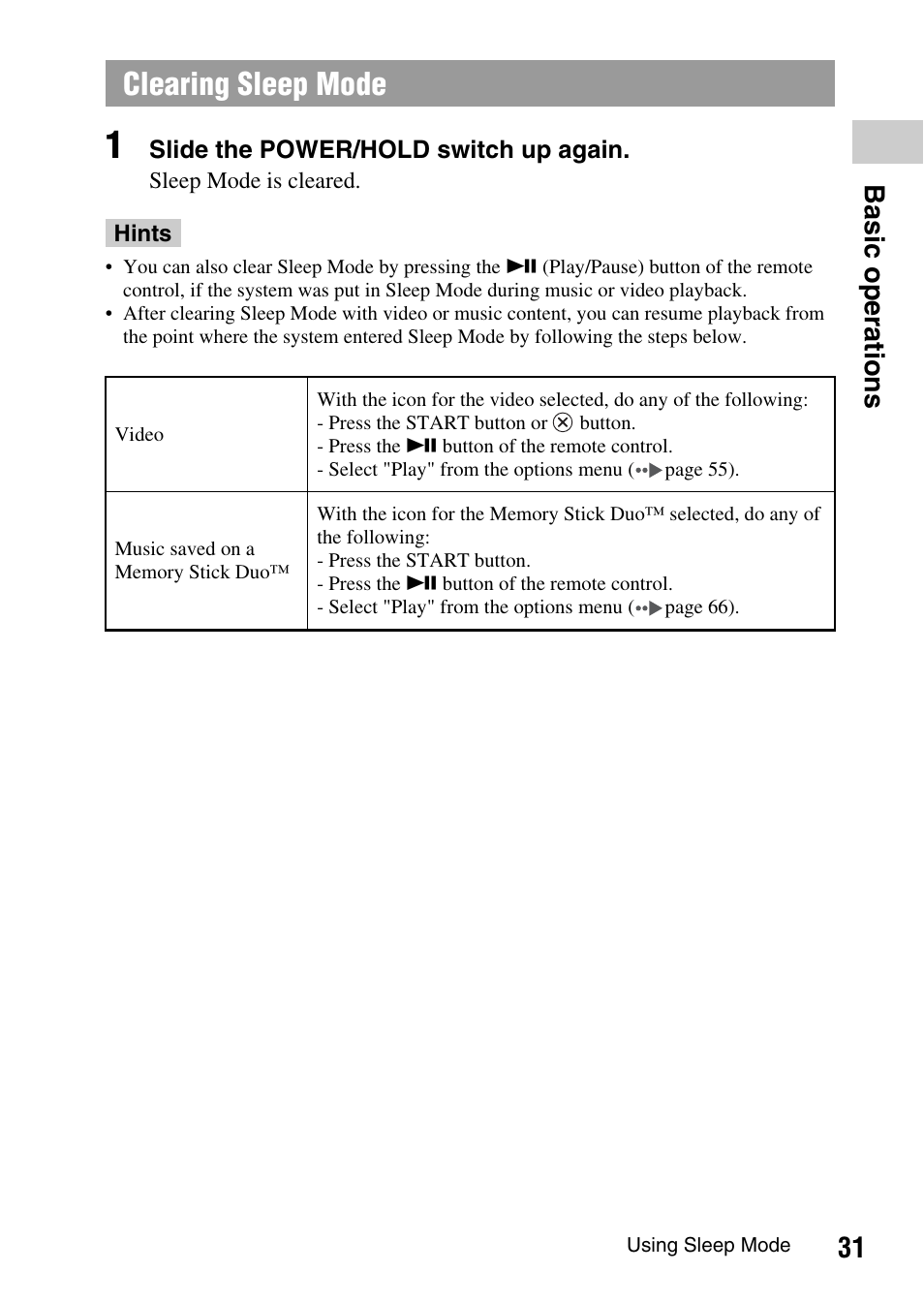 Clearing sleep mode, 31 b a si c op er a tio ns | Sony PSP-1003 User Manual | Page 31 / 148