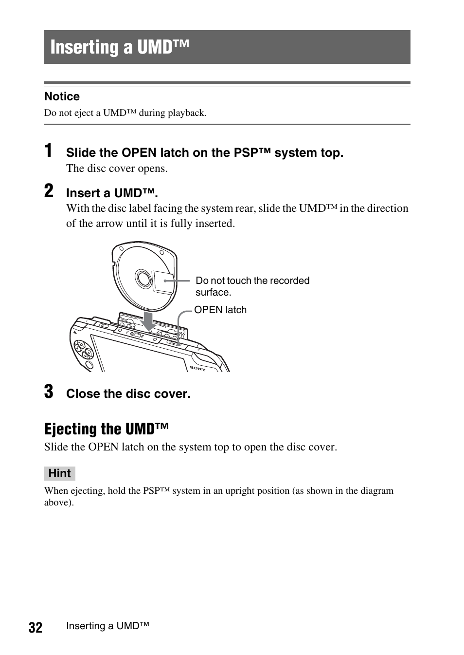 Inserting a umd, Ejecting the umd | Sony PSP-1003 User Manual | Page 32 / 148
