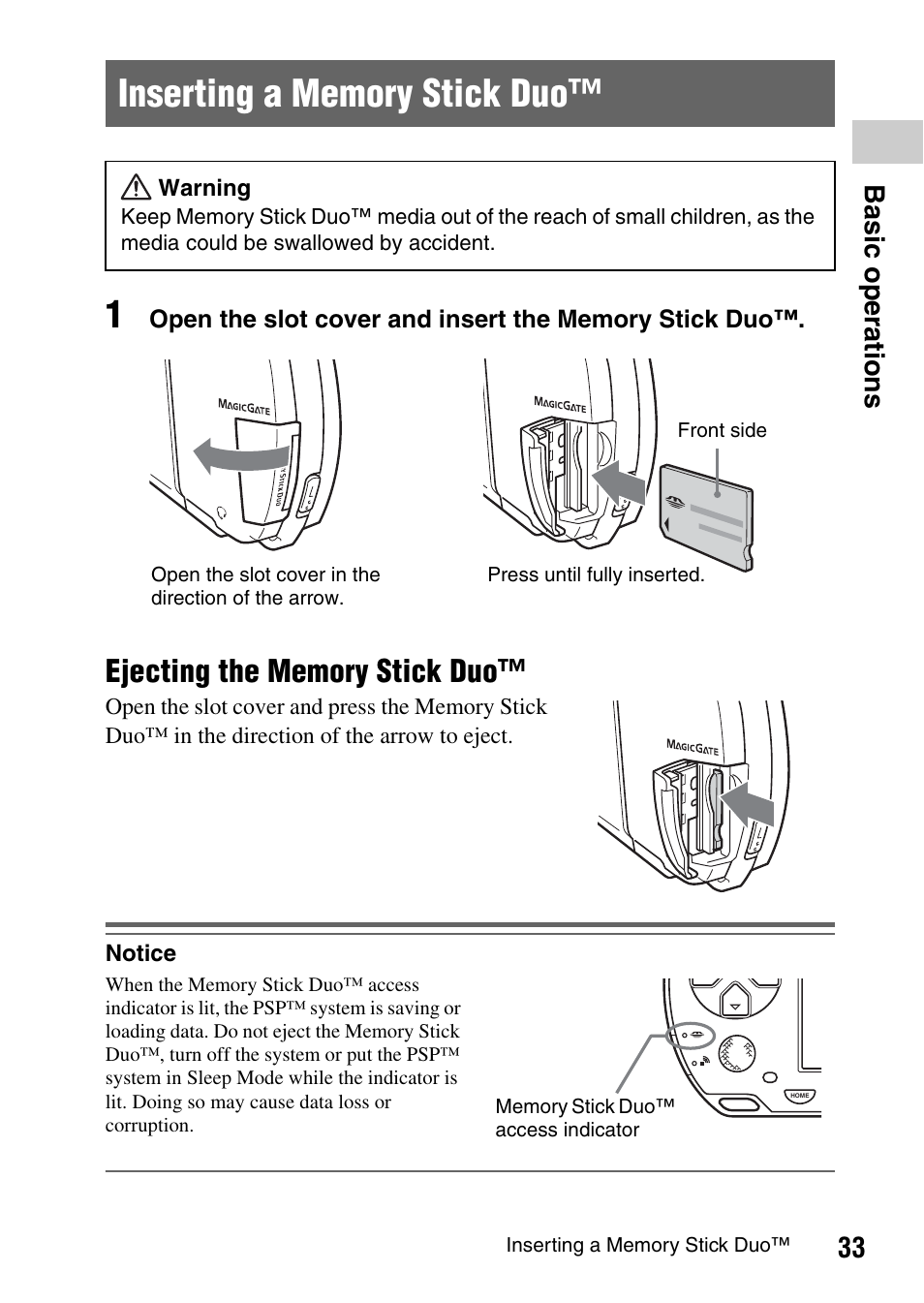 Inserting a memory stick duo | Sony PSP-1003 User Manual | Page 33 / 148