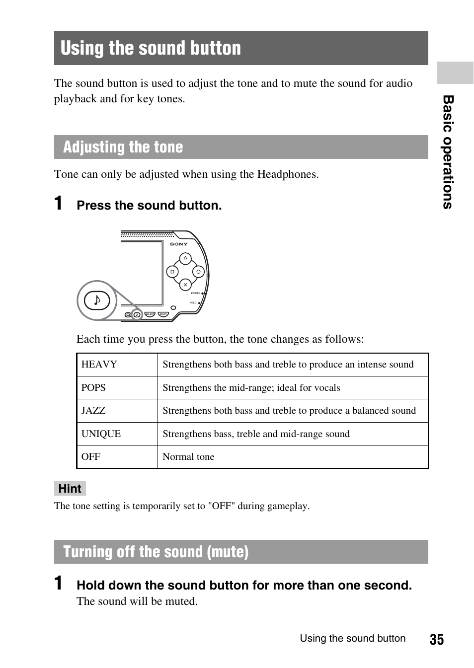 Using the sound button, Adjusting the tone, Turning off the sound (mute) | 35 b a si c op er a tio ns | Sony PSP-1003 User Manual | Page 35 / 148