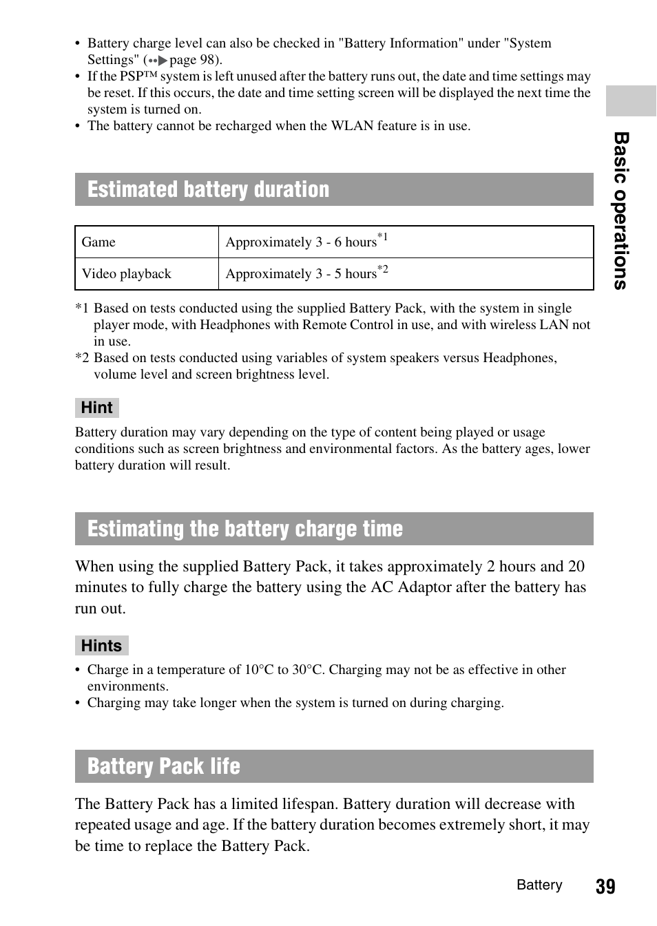 Estimated battery duration, 39 b a si c op er a tio ns | Sony PSP-1003 User Manual | Page 39 / 148