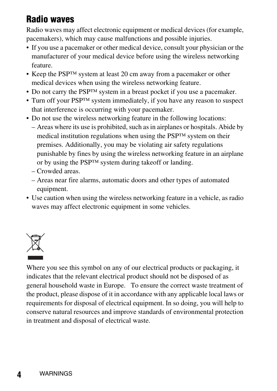 Radio waves | Sony PSP-1003 User Manual | Page 4 / 148