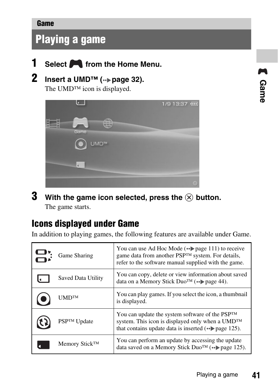 Game, Playing a game, Icons displayed under game | 41 ga me | Sony PSP-1003 User Manual | Page 41 / 148