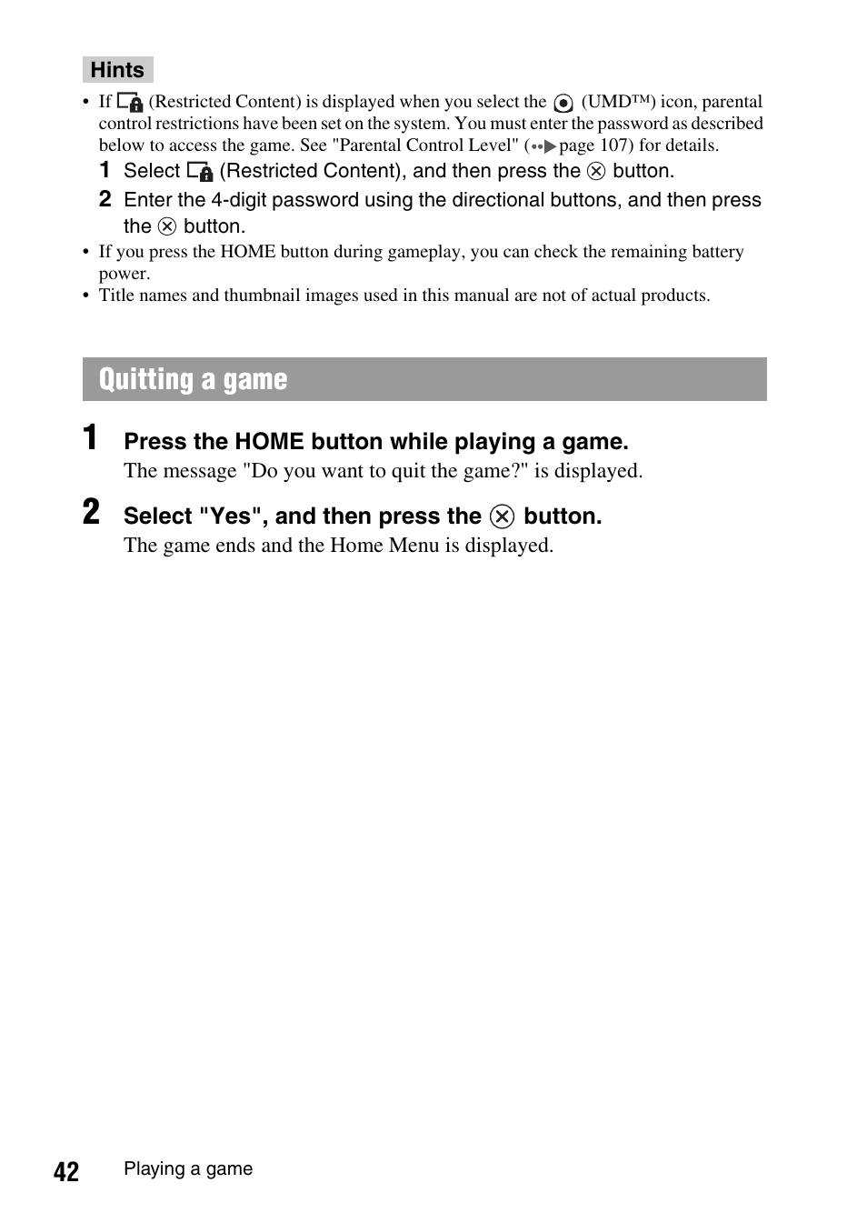 Quitting a game | Sony PSP-1003 User Manual | Page 42 / 148