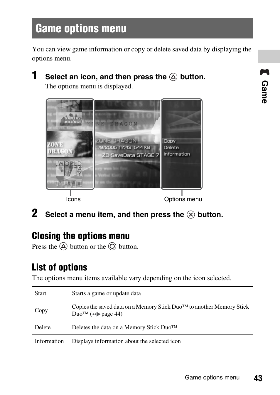 Game options menu, Closing the options menu, List of options | 43 ga me | Sony PSP-1003 User Manual | Page 43 / 148