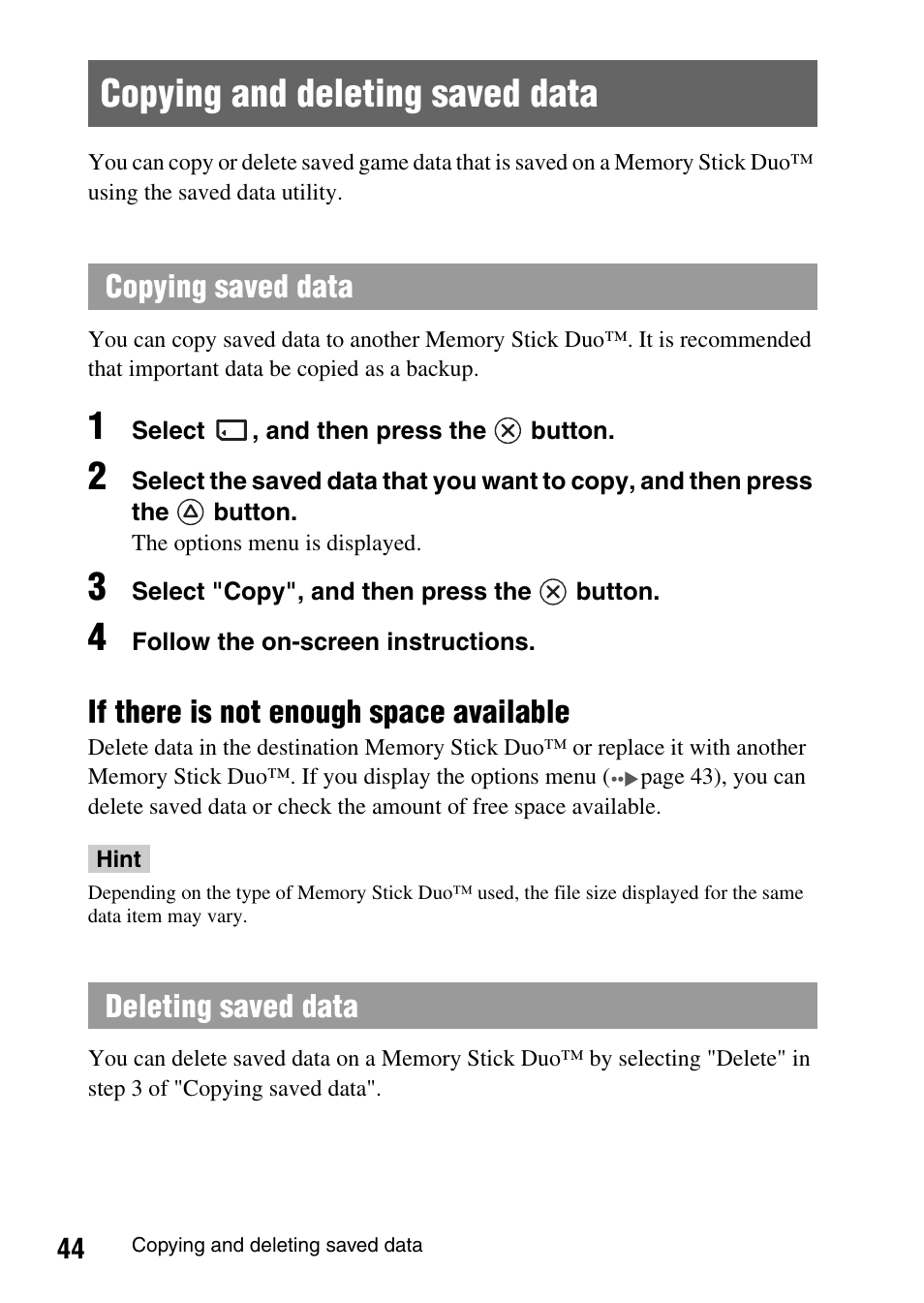 Copying and deleting saved data | Sony PSP-1003 User Manual | Page 44 / 148