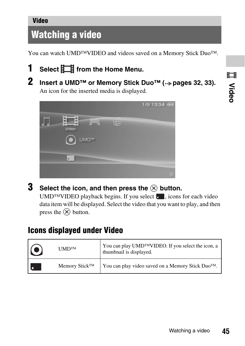 Video, Watching a video, Icons displayed under video | Sony PSP-1003 User Manual | Page 45 / 148