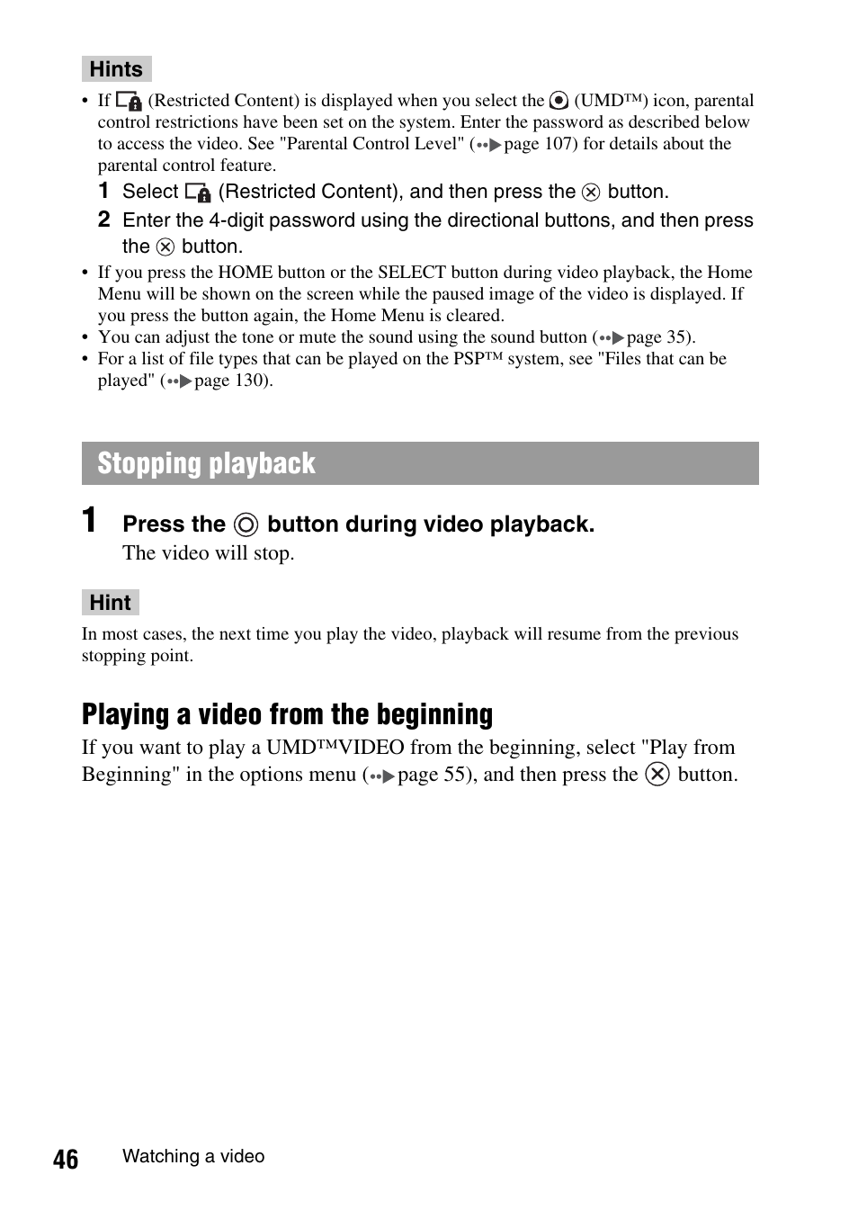 Playing a video from the beginning, Stopping playback | Sony PSP-1003 User Manual | Page 46 / 148