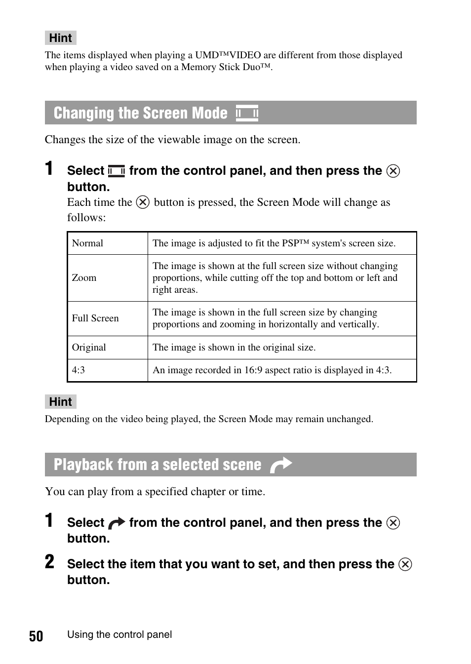 Changing the screen mode, Playback from a selected scene | Sony PSP-1003 User Manual | Page 50 / 148