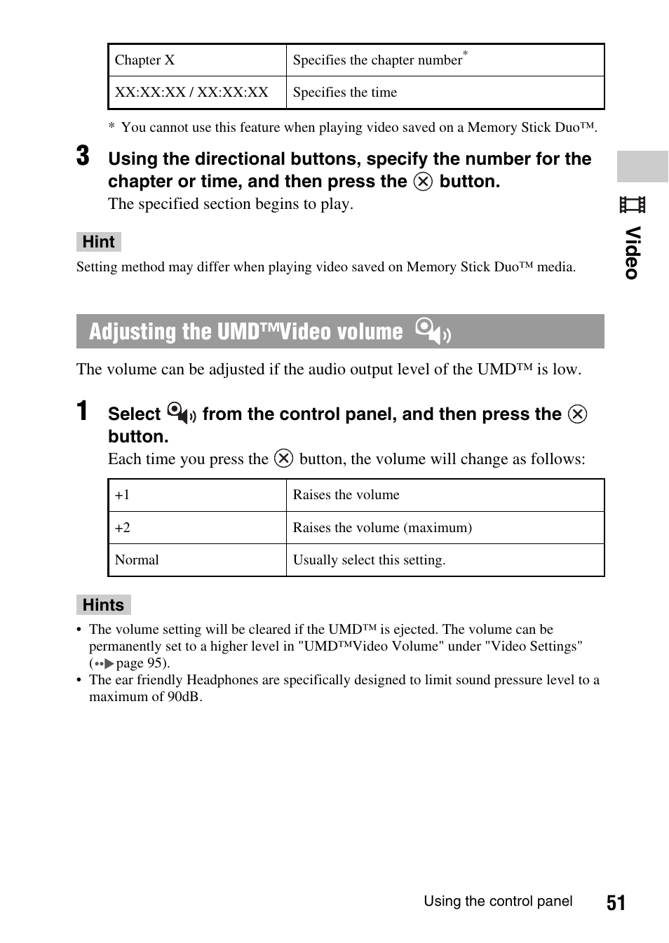 Adjusting the umd™video volume, 51 video | Sony PSP-1003 User Manual | Page 51 / 148