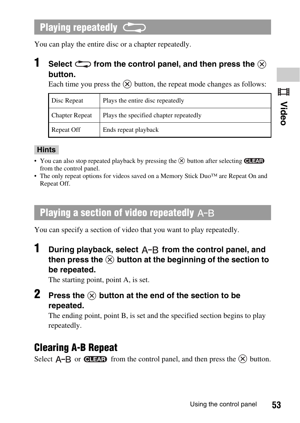 Clearing a-b repeat, Playing repeatedly, 53 video | Sony PSP-1003 User Manual | Page 53 / 148