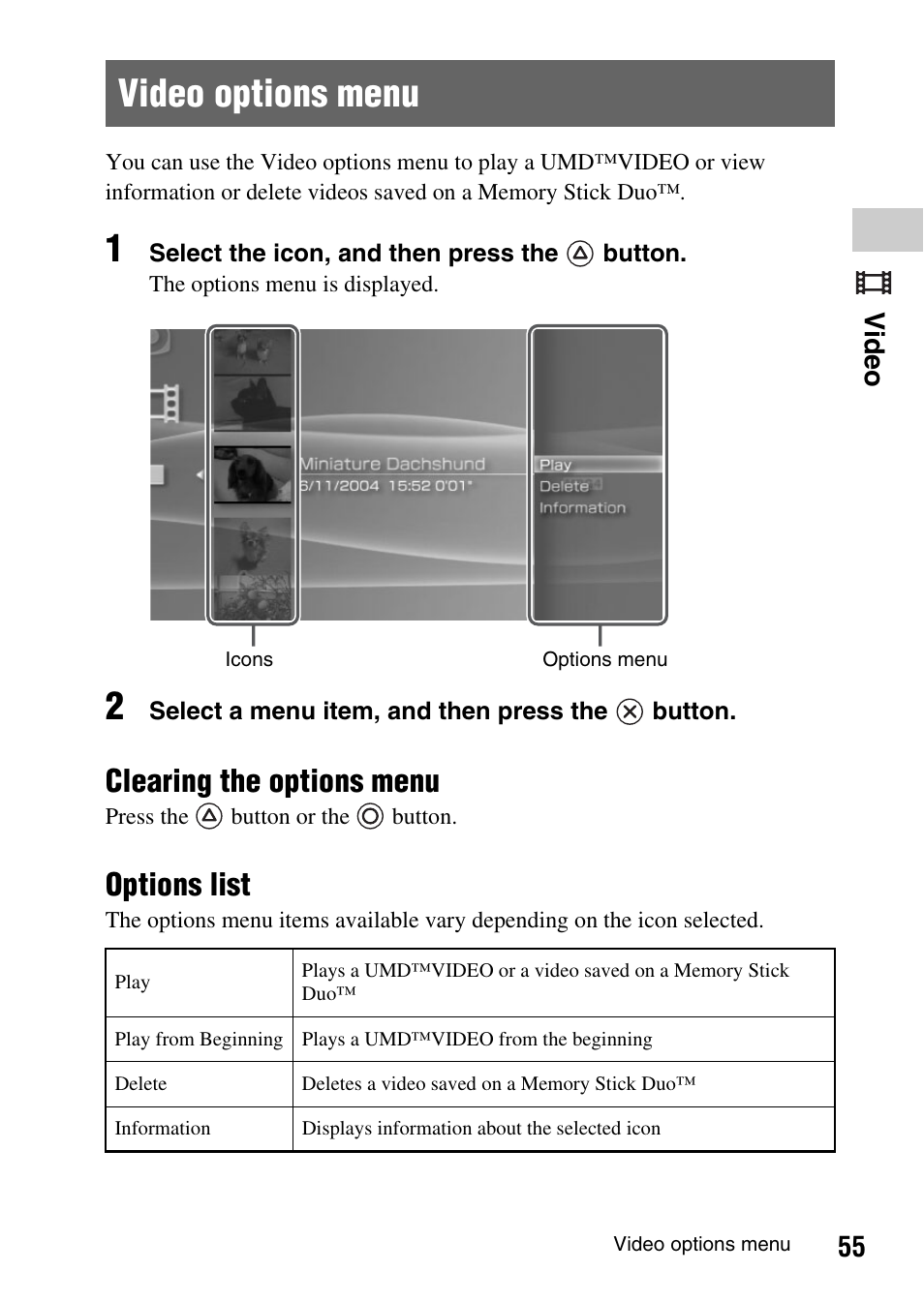 Video options menu, Clearing the options menu, Options list | 55 video | Sony PSP-1003 User Manual | Page 55 / 148