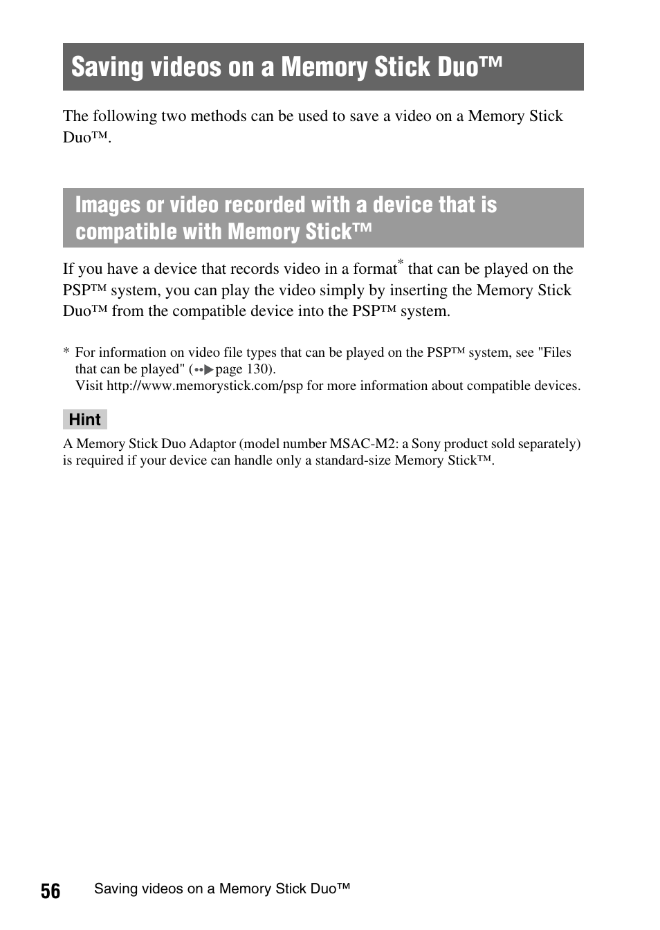 Saving videos on a memory stick duo | Sony PSP-1003 User Manual | Page 56 / 148