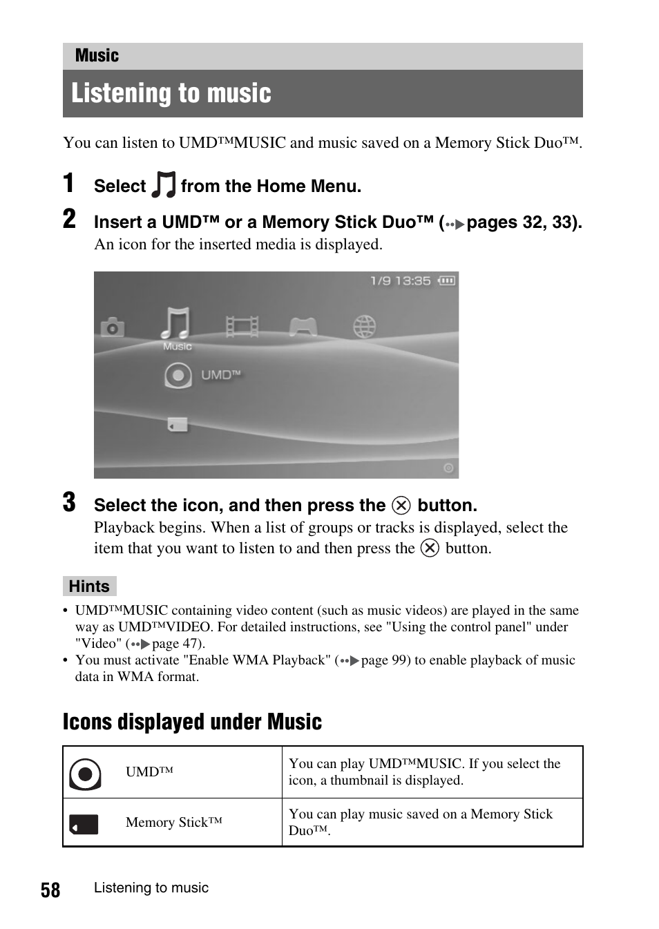 Music, Listening to music, Icons displayed under music | Sony PSP-1003 User Manual | Page 58 / 148