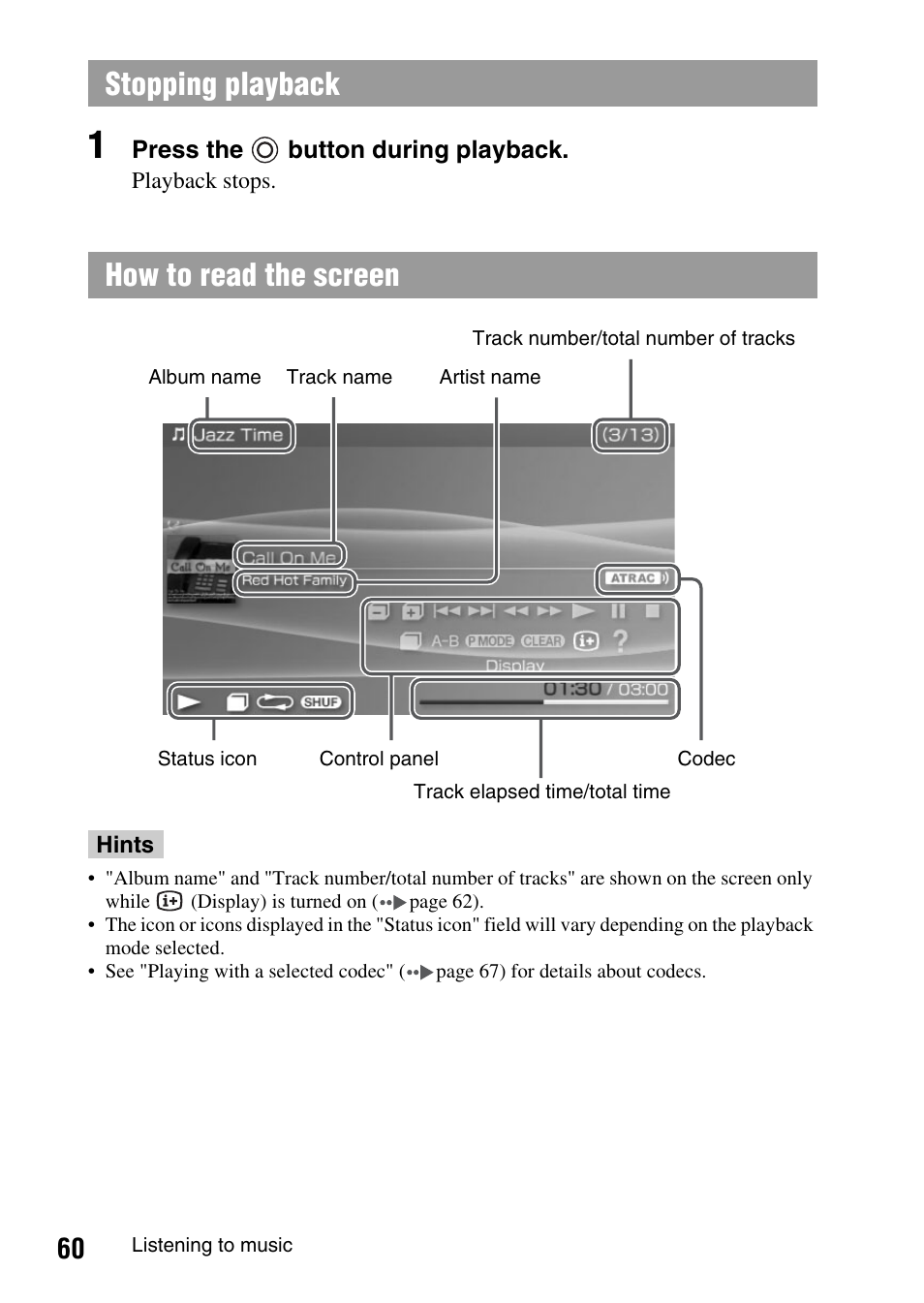 Stopping playback how to read the screen | Sony PSP-1003 User Manual | Page 60 / 148