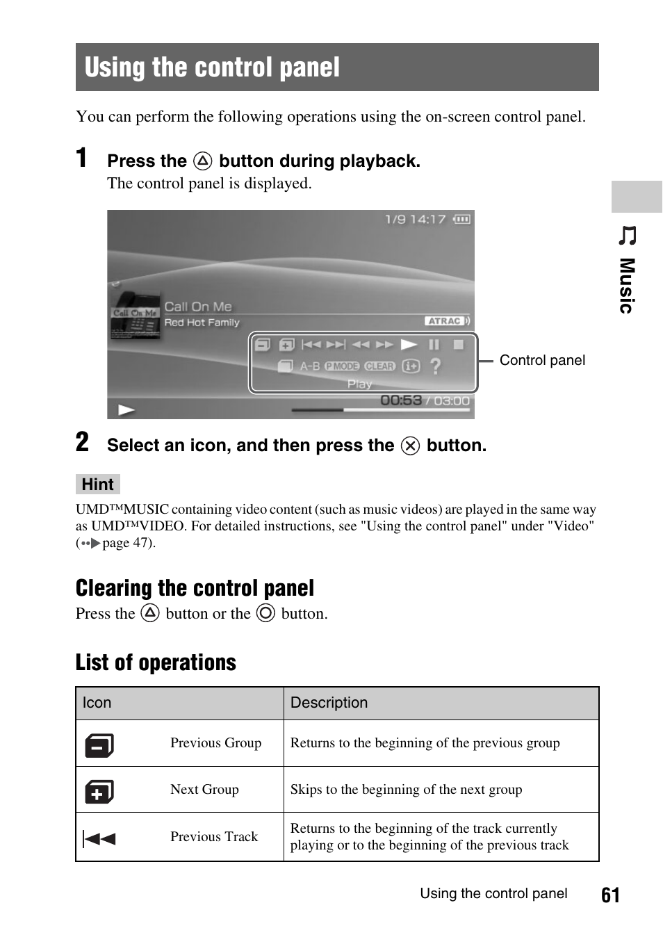 Using the control panel, Clearing the control panel, List of operations | 61 mu si c | Sony PSP-1003 User Manual | Page 61 / 148