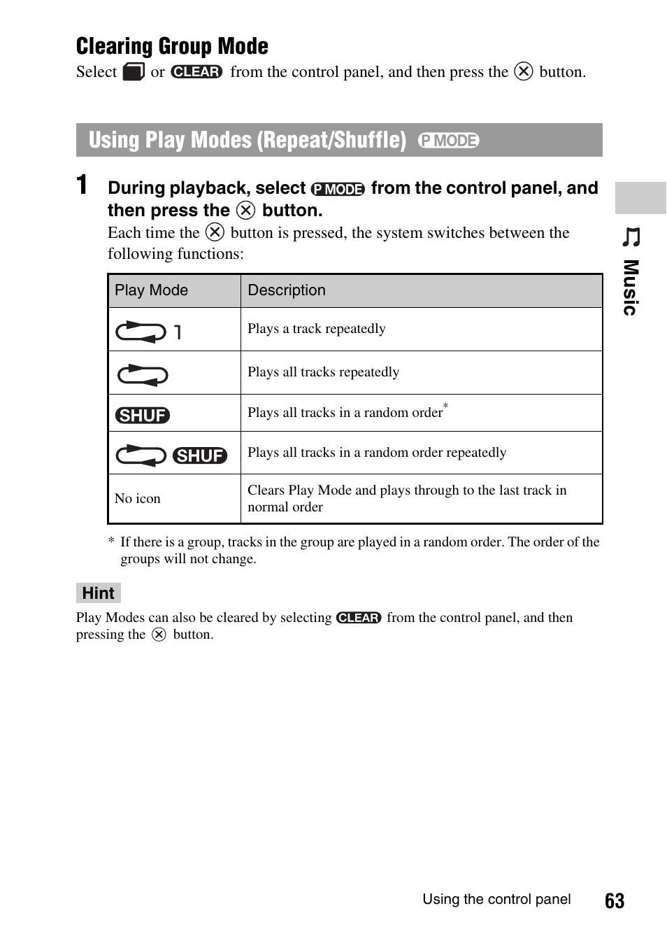 Clearing group mode, Using play modes (repeat/shuffle), 63 mu si c | Sony PSP-1003 User Manual | Page 63 / 148