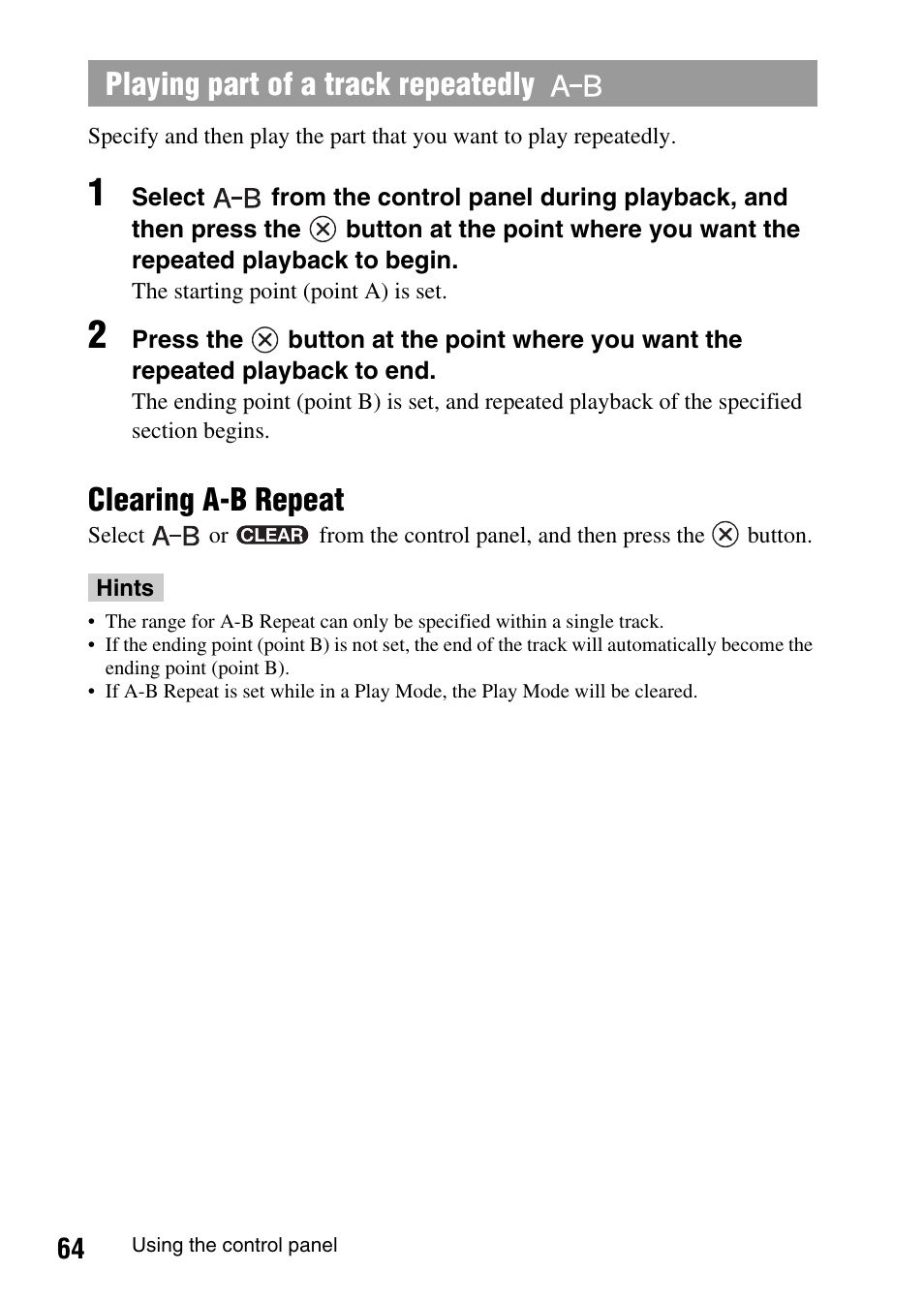 Clearing a-b repeat, Playing part of a track repeatedly | Sony PSP-1003 User Manual | Page 64 / 148