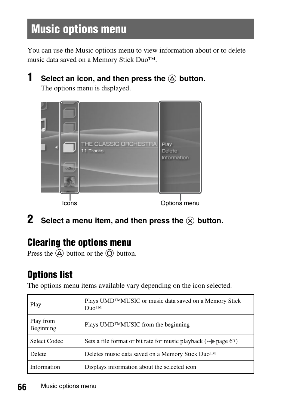 Music options menu, Clearing the options menu, Options list | Sony PSP-1003 User Manual | Page 66 / 148