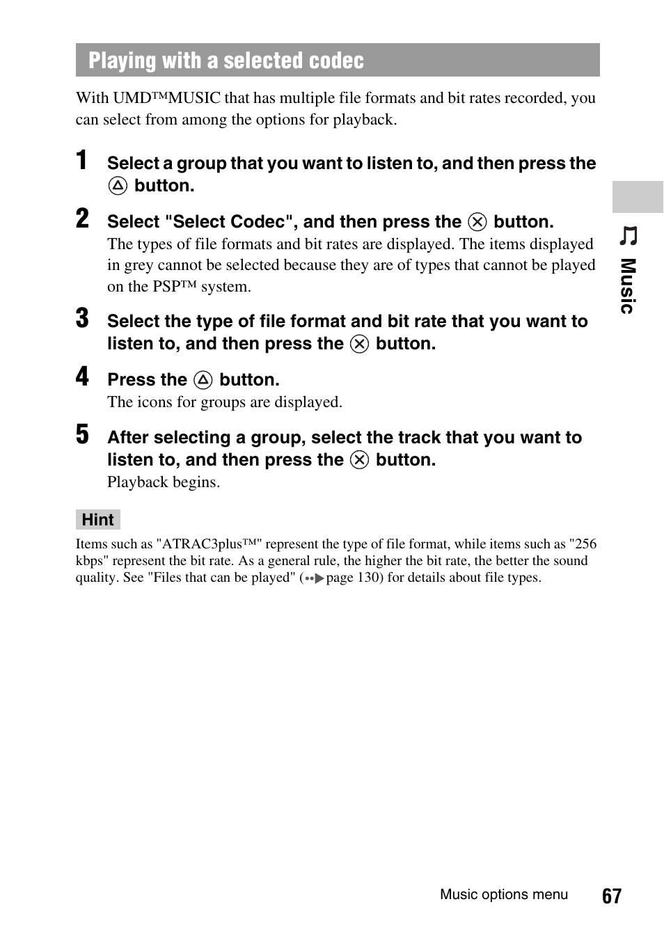 Playing with a selected codec | Sony PSP-1003 User Manual | Page 67 / 148