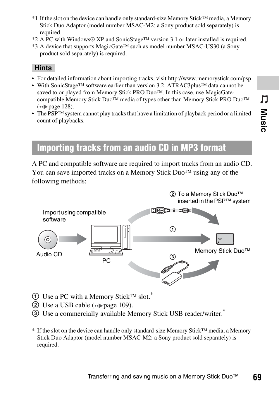 Importing tracks from an audio cd in mp3 format, 69 mu si c | Sony PSP-1003 User Manual | Page 69 / 148