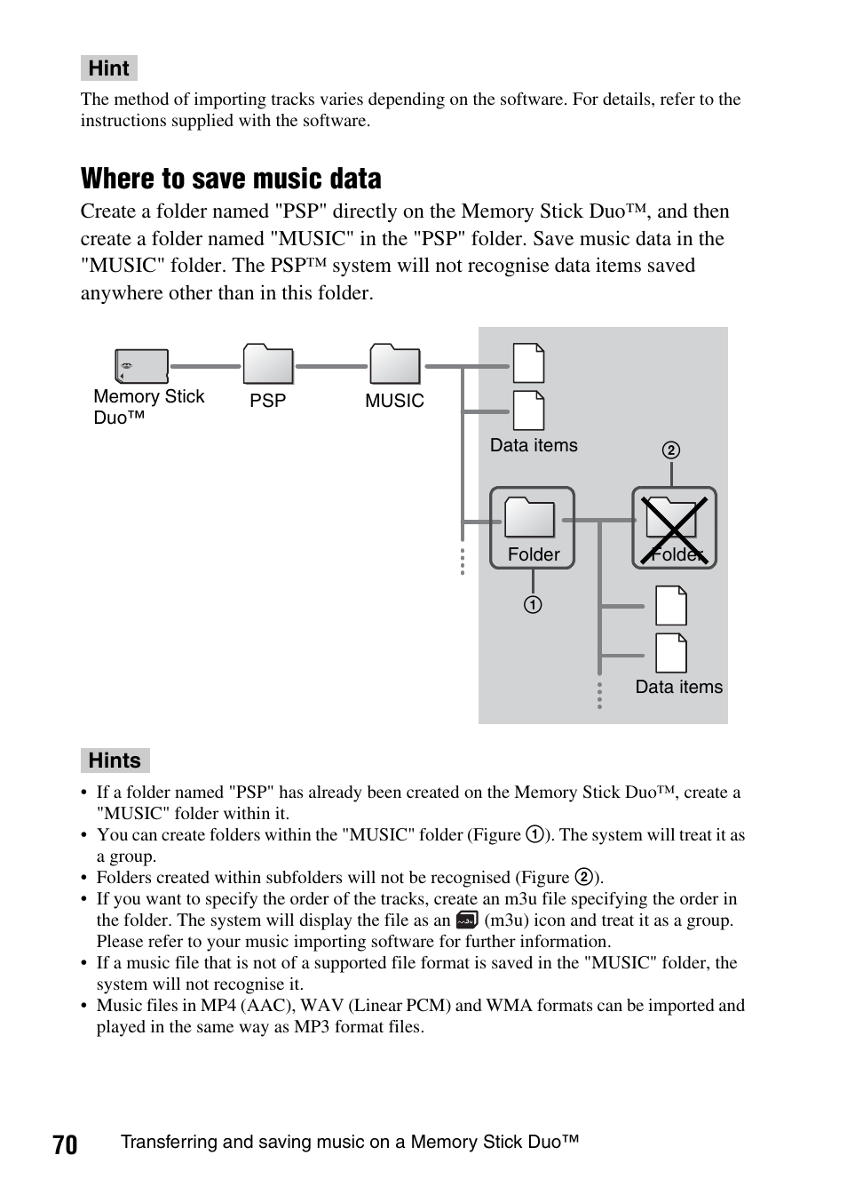 Where to save music data | Sony PSP-1003 User Manual | Page 70 / 148