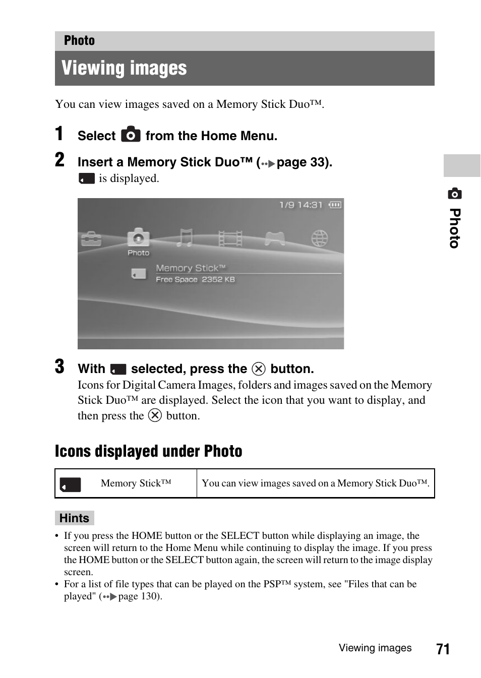 Photo, Viewing images, Icons displayed under photo | Sony PSP-1003 User Manual | Page 71 / 148