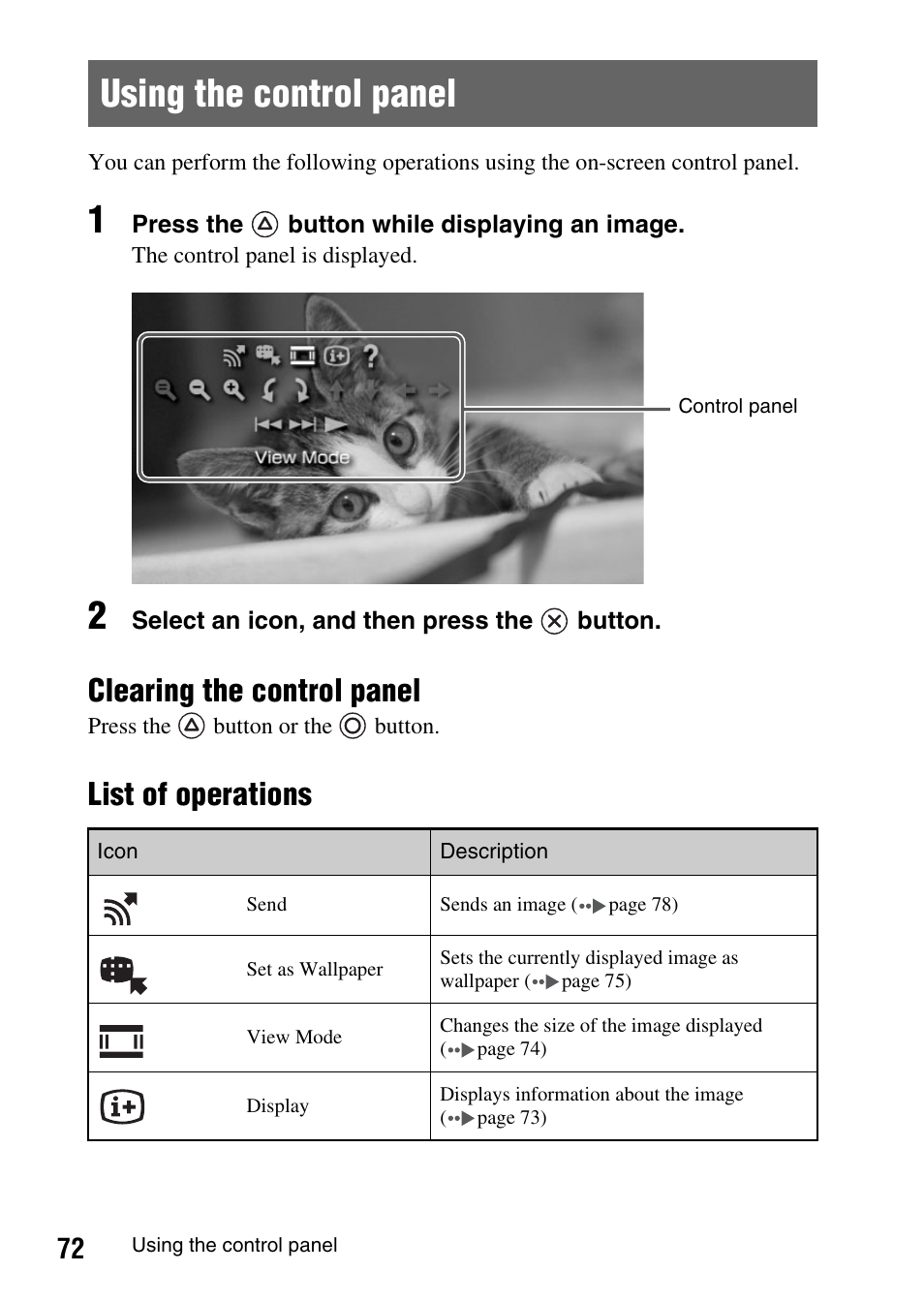 Using the control panel, Clearing the control panel, List of operations | Sony PSP-1003 User Manual | Page 72 / 148