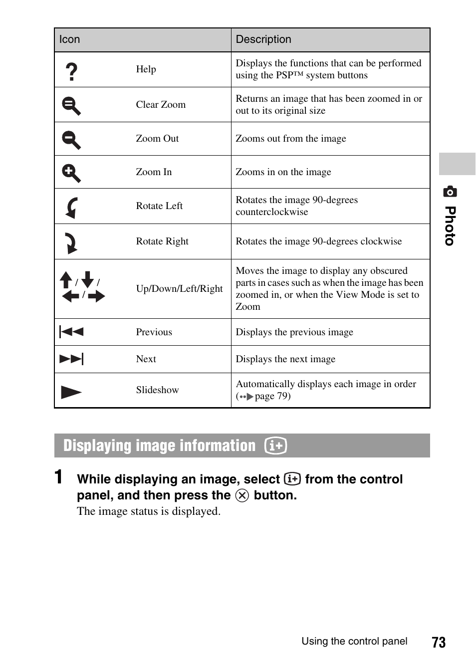 Displaying image information, 73 photo | Sony PSP-1003 User Manual | Page 73 / 148