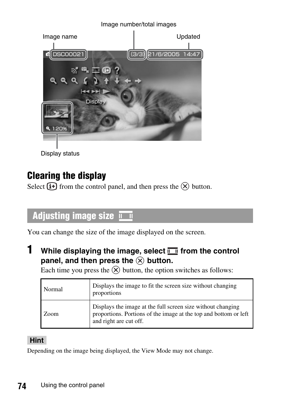 Clearing the display, Adjusting image size | Sony PSP-1003 User Manual | Page 74 / 148